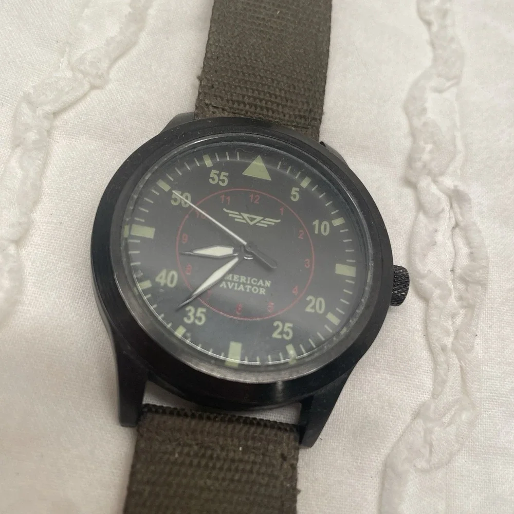 American‎ Aviator Watch Wristwatch Mens Black Green Band Vintage UNTESTED
